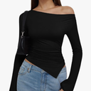 REORIA Women’s Sexy Boat Neck Off Shoulder Tops Long Sleeve Asymmetrical Hem Ruched Slim Fit Shirts Going Out Y2k Fall Blouse, Black,XL