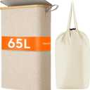 Lifewit 65L Slim Laundry Hamper with Lid, Narrow Laundry Basket with Removable Bag & Bamboo Handles, Fodable Thin Dirty Clothes Hamper for Laundry Collapsible Bin for Bathroom Bedroom Dorm, Beige