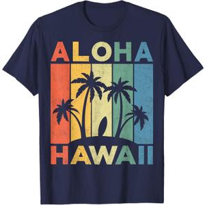 Aloha Hawaii Hawaiian Island Shirt Palm Beach Surfboard Surf T-Shirt (Small, Navy)