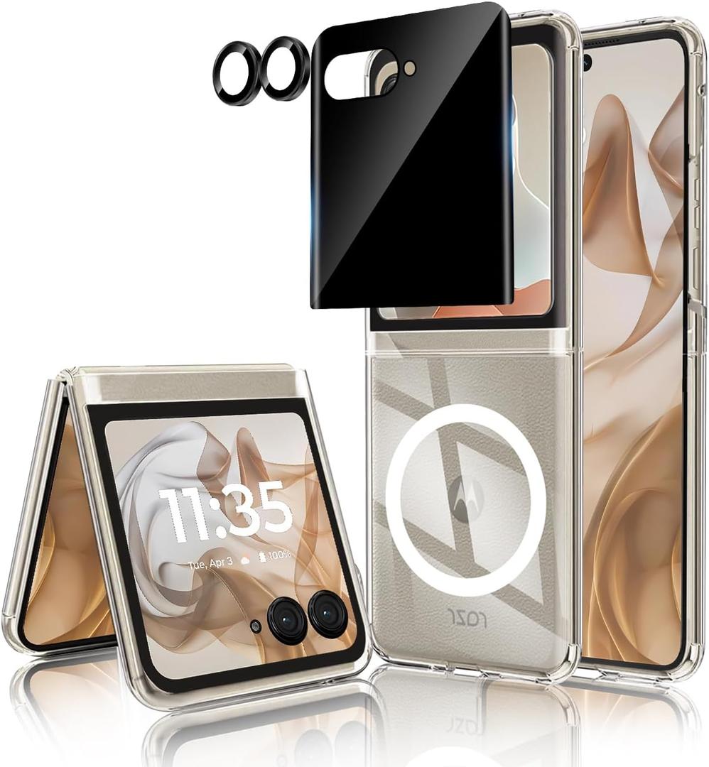 Case for Motorola Razr 2025, with Privacy Screen Protector + Camera Lens Protector, [Anti Yellowing] [Compatible with Magsafe] Shockproof Slim Magnetic Phone Case for Moto Razr 2025/Razr 2024 Clear