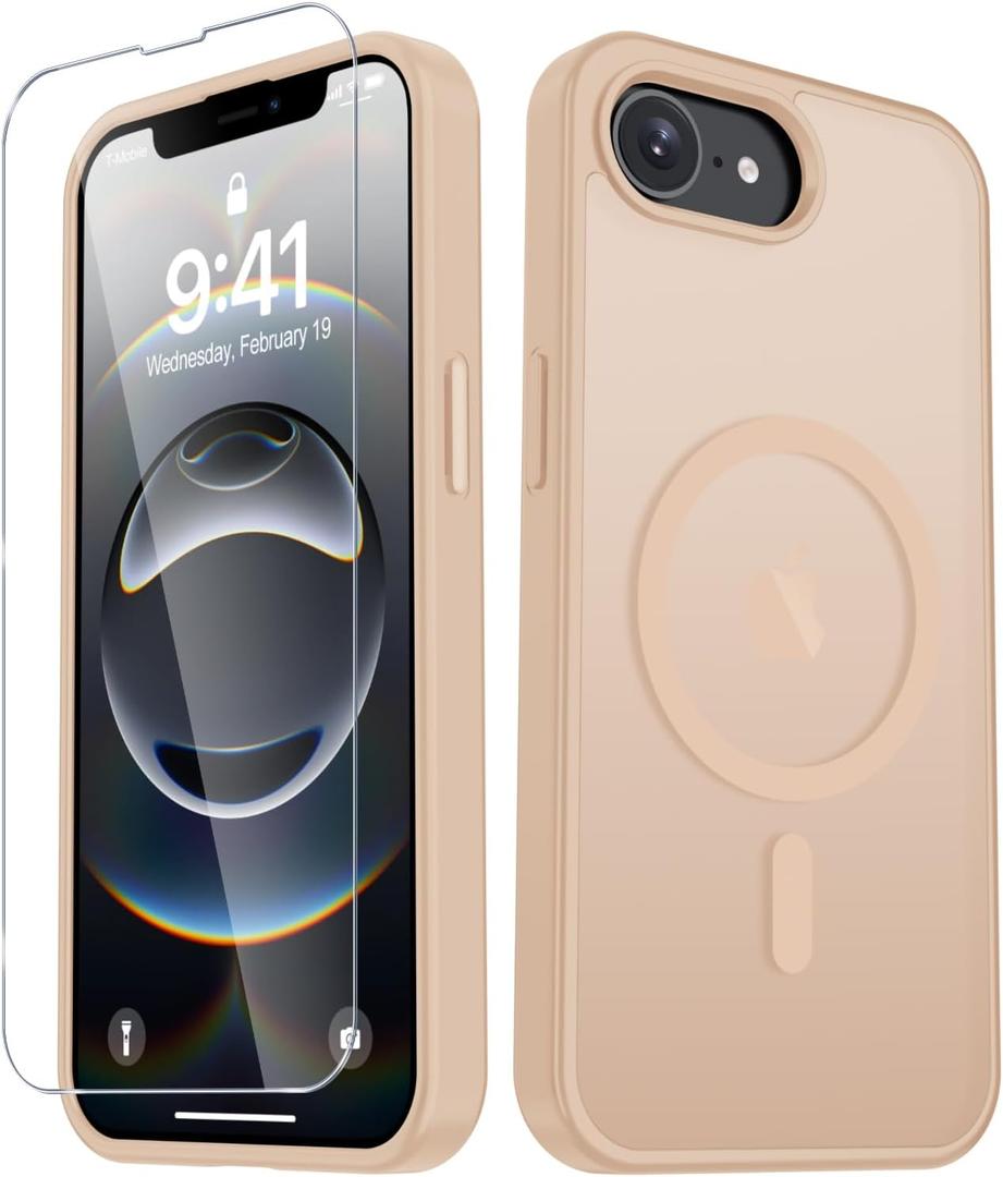 YENAPOON for iPhone 17e Case, iPhone 16e Case, Matte Magnetic Phone Cover [with 1 Screen Protector] [Support for MagSafe] [Shockproof Military Grade Protection] Translucent Frosted Back, Coral Pink