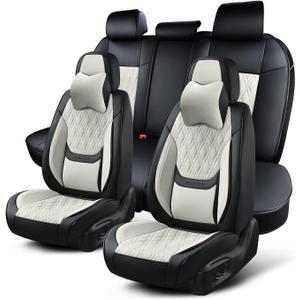 Car Seat Covers Full Set, Breathable Leather Automotive Front and Rear Seat Covers & Headrest, Universal Automotive Vehicle Seat Cover for Most Sedan SUV Pick-up Trucks, Black&Beige