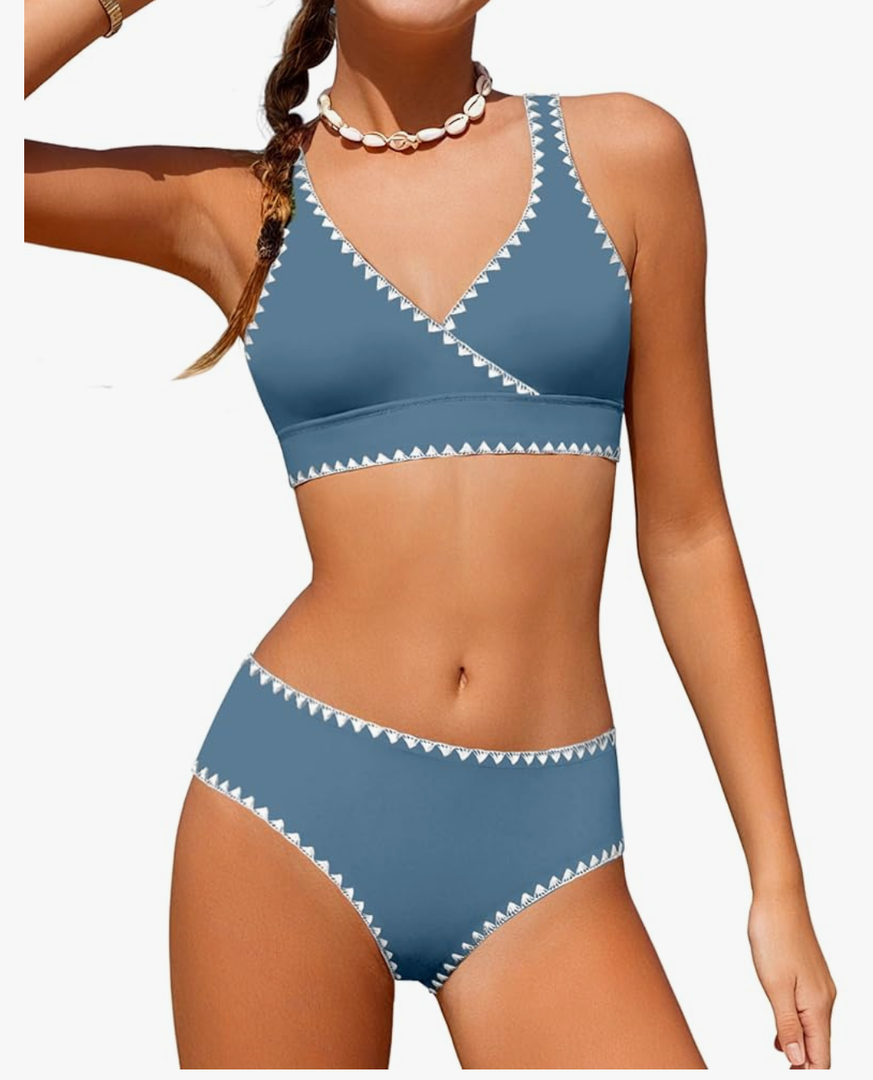 KANGKANG Girls Swimsuit Bikini Set Solid Color V-Neck Two Piece Bathing Suit with Chest Pad Adjustable Straps Swimwear, 13-14 Y, Dark Blue