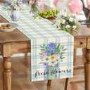 2 x Buffalo Grid Blue Flower Vase Spring Table Runner , Seasonal Summer Table Decoration for Kitchen Dinning Holiday Home Party Decor 13x72 Inch