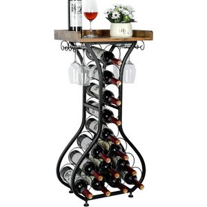 X-cosrack Wine Rack Freestanding Floor, Mini Bar Table Wine Holder Stand Liquor Cabinet with Glass Holder Wood Tabletop 14 Bottles Floor Wine Storage for Home Bar Kitchen Living Room (Patent Pending)