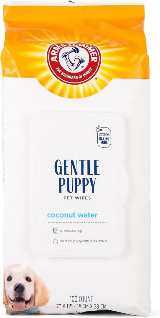 2 x Arm & Hammer Dog Grooming Wipes, Deodorizing Dog Cleaning Wipes with Coconut Water, Gentle for Dogs and Puppies, Paraben and Sulfate Free Formula, Light Coconut Scent, 100 Count