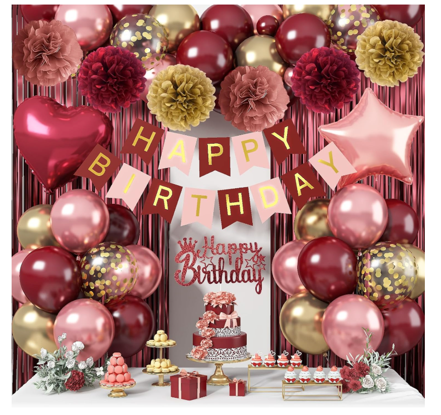 Burgundy Birthday Decorations for Women Girls, Wine Red Rose Gold Balloons Maroon Burgundy Gold Happy Birthdays Balloon Banner Pompoms Curtains for Women Girls Adults Birthday Party Decorations