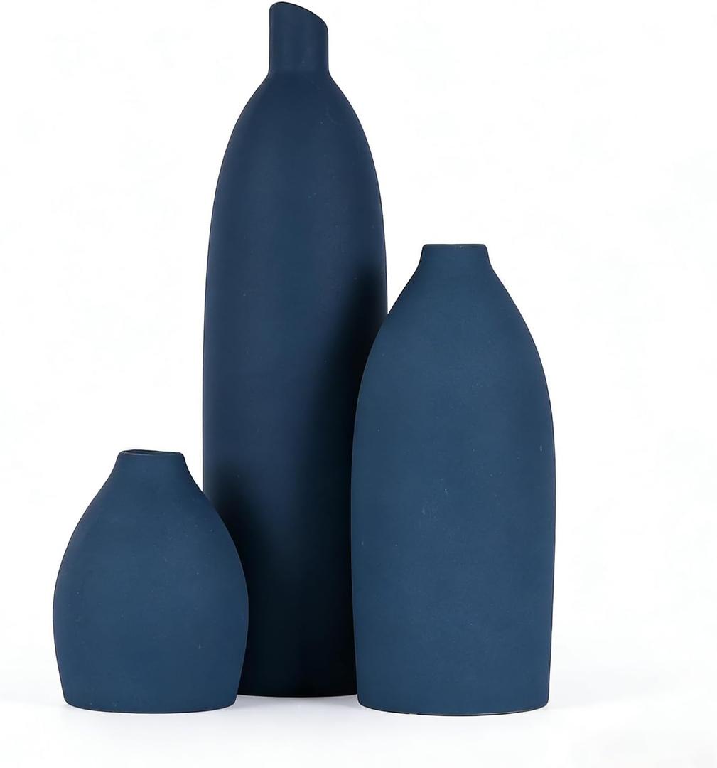 Blue Vase Set of 3, Navy Blue vase Trio Ceramic Bud Vases, Watertight Blue Ceramic vase Set with Non Slip Pads, Small Medium Tall Vases for Shelf Decor, Centerpieces