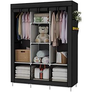 UDEAR Portable Wardrobe Closet Clothes Organizer Non-Woven Fabric Cover with 6 Storage Shelves, 2 Hanging Sections and 4 Side Pockets, Black