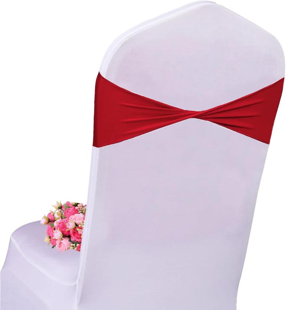 Spandex Red Chair Sashes 50 Pcs Red Sashes Bows Elastic Chair Cover Bands Ties Without Buckle for Wedding Party Events Ceremony Birthday