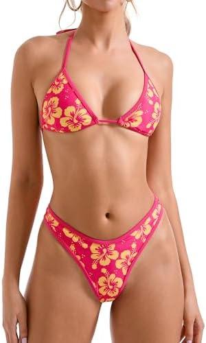 SUUKSESS Women Sexy Thong String 2 Piece Bikini Set Cheeky Halter Swimsuit, Size S