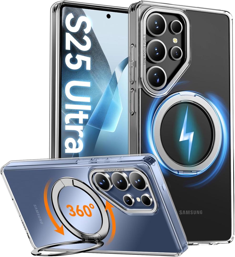 Oneagle 360 Spin Magnetic Stand for Samsung Galaxy S25 Ultra Case Clear [Fit for Magsafe], [30X Anti-Yellow] S25 Ultra Phone Case 6.9" with [Rotatable Kickstand Ring][15FT Military Grade Protection]