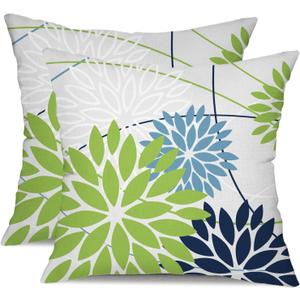 Green and Dark Light Blue Floral Pillow Covers 18x18 Set of 2 Outdoor Pillows Covers Waterproof Summer Pillowcovers Polyester Cushion Case Decor for Couch Patio Funiture Garden Porch 01U18