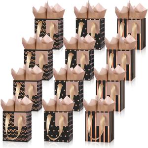 Tenare 12 Pcs Small Gift Bags Mini Metallic Paper Bag Bulk Tiny with Handle Tissue Paper for Gift Wrap Mother's Father's Day Birthday Graduation Party(4 x 2.75 x 4.5 Inch,Black Rose Gold)