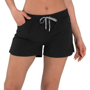 Actleis Womens Swim Shorts UPF50+ Board Shorts Quick Dry Beach Shorts Drawstring Sports Summer Bottom (Black, XL)