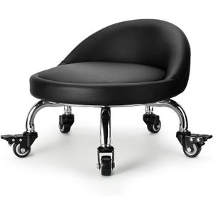 Rolling Stool with Backrest Low Height Rolling Stool with PU Leather, Roller Stool Chair, Roller Seats for Home, Office, Garage, Shop, Library (2"h Casters)