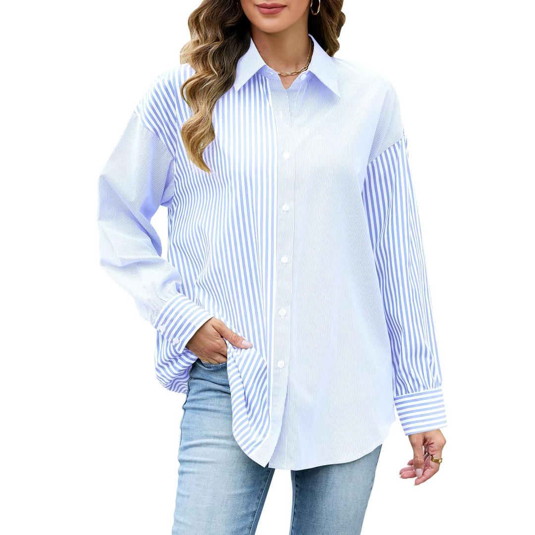Women's Shirts Fashion Casual Loose Fit Long Sleeve Button Down Lightweight Collared Blouse Tops Blue (M)