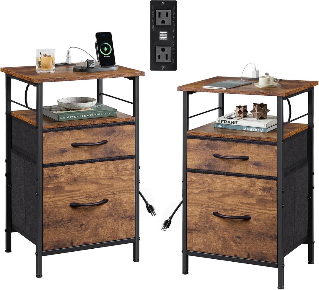 WLIVE Night Stand Set 2, Nightstand with Charging Station, Bedside Tables for Bedroom, Side Table with Fabric Drawers, USB Ports and Outlets, Rustic Brown