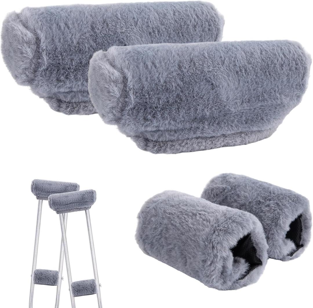 4-Pack Premium Fluffy Crutches Padding, Ultra-Soft Breathable Crutch Pads for Armpits and Hand Grips, Machine Washable Crutch Cushions, Comfort Fit for Adults and Youth (Gray)