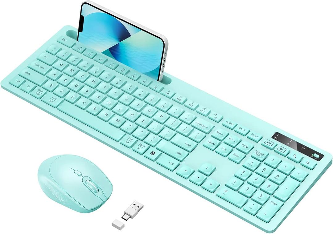 Wireless Keyboard and Mouse for MacBook, Vivefox Teal Wireless Keyboard with Phone Holder, USB A & Type C Receivr, Full-Size Combo for Mac, MacBook/Air/Pro Windows PC Computer, Mint Green