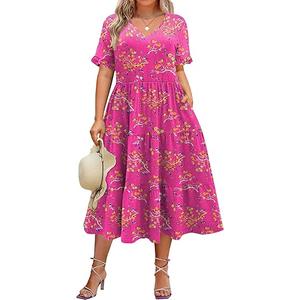 IN'VOLAND Womens Plus Size Short Sleeve Dress Summer Midi Casual Tiered V-Neck Aline Flowy Loose Dresses with Pockets hot pink floral, XL Size