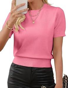 Libsorge Short Sleeve Sweaters for Women Spring Tops Summer 2025 Fashion Trendy Business Casual Outfits Womens Cute Cropped Knit Crew Neck Lightweight Sheer Going Out T Shirt Work Top Pink M