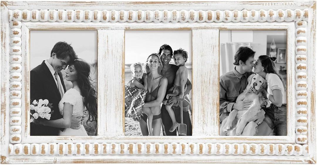 MODE HOME Triple 4x6 Picture Frame, 3 Opening Whitewashed Farmhouse Photo Frame Collage for Tabletop Display, Horizontal 3 Picture Frame 4x6 for Family Memories