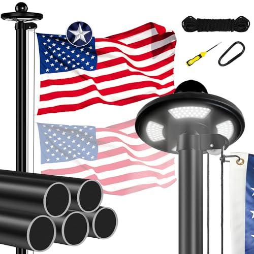 Heavy Duty Flag Pole Kit with Solar Light, 25 FT 12 Gauge Aluminum in Ground Flagpole with 128 LEDs Solar Powered Set for House Outside, with Embroidered American Flag, Residential Commercial, Black