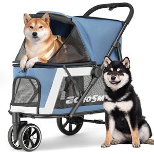 EchoSmile Dog Stroller for Medium & Small Dogs, Foldable Pet Stroller with 3 Wheels & Brakes, All-Terrain Cat Dog Carrier with Breathable Mesh, Safety Leash and Storage Pocket, Blue