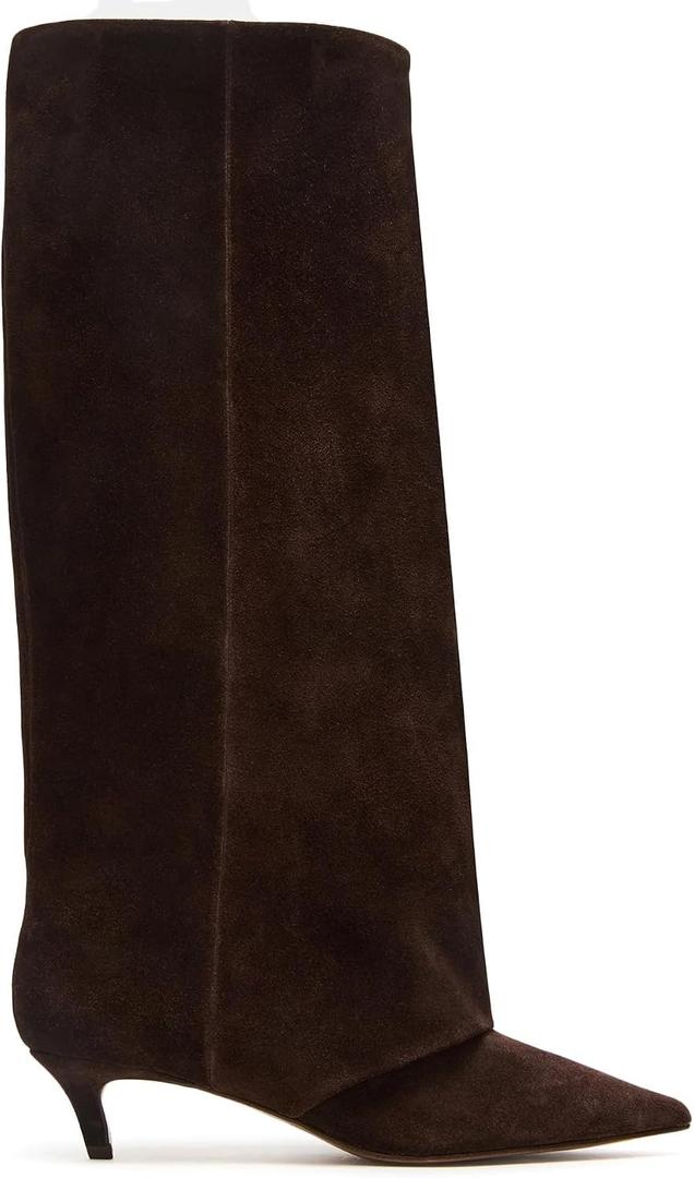 RBRKGNH Brown Suede Knee High Boots for Women Comfortable Pull on Pointed Toe 2 Inch Kitten Heel Fold Over Boots. 9, Brown