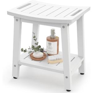 Shower Bench for Inside Shower - White HDPE Shower Stool Waterproof - Spa Bathroom Seat Chair with Handle, Storage Shelf, Adjustable Feet - Indoor/Outdoor, Weather Resistant (Medium 16x12.5x17 Inch)