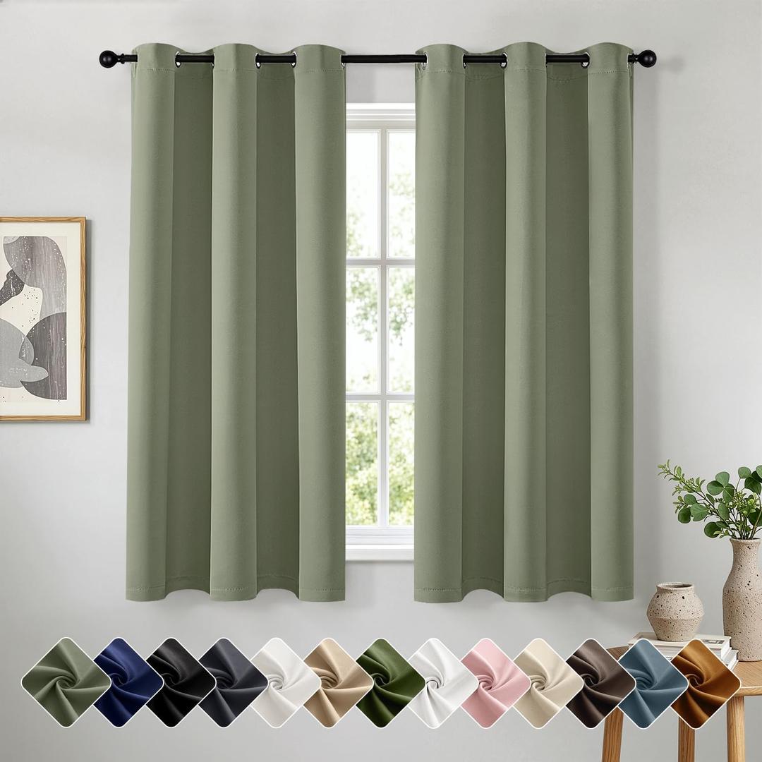 Woaboy Sage Green Blackout Curtains for Bedroom Living Room 63 Inch Long 2 Panels, Solid Thermal Insulated Grommet Drapes, Room Darkening Sunlight Blocking Window Treatments, W40 x L63 Inch