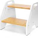 Toddler & Kids Step Stool, Adjustable Bamboo Wooden Step Stool with White Side Panels for Kitchen, Bathroom Sink & Toilet, Non-Slip 2 Step Stool, Sturdy Compact Design, 220 lbs Capacity