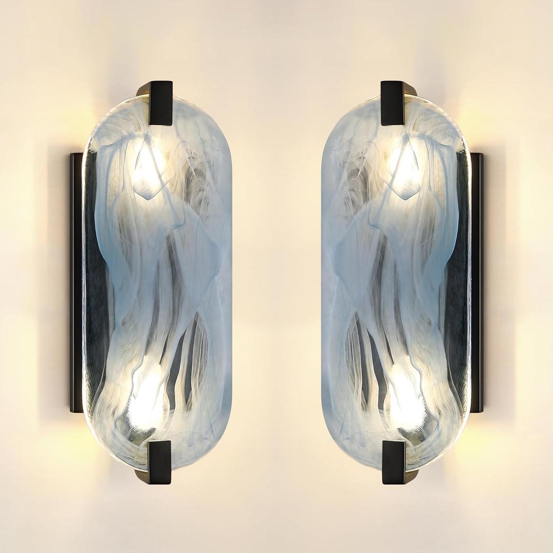 2 Pack 2 Light Oval Frosted Blue Glass Bathroom Wall Sconce Modern Concise Style Wall Light Fixture,Black Finish for Bedroom Hallway Bedside