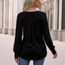 Womens Puff Long Sleeve Tunic Tops Pleated Scoop Neck Shirts Slim Fitted Elastic Business Casual Blouses (Black, M)