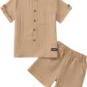 Boy Summer Outfits Textured Short Sleeve Button Down Shirt and Elastic Waist Short Sets Blue 13-14 Years (Beige)