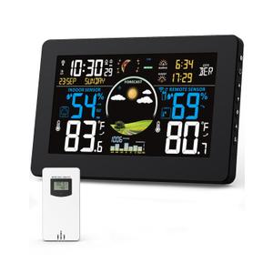Weather Station Wireless Indoor Outdoor Thermometer, 7.5" VA Display with Remote Sensor, Home Weather Station with Weather Forecast, Temperature, Humidity, Atomic Clock, Black