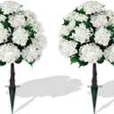 Grooy 2 Pack 33" Artificial Topiary Ball Trees with White Hydrangea | Fake Shrubs UV Resistant, Faux Flowers for Outdoors, Realistic Evergreen Bushes Plant for Front Porch Garden Indoor Decor