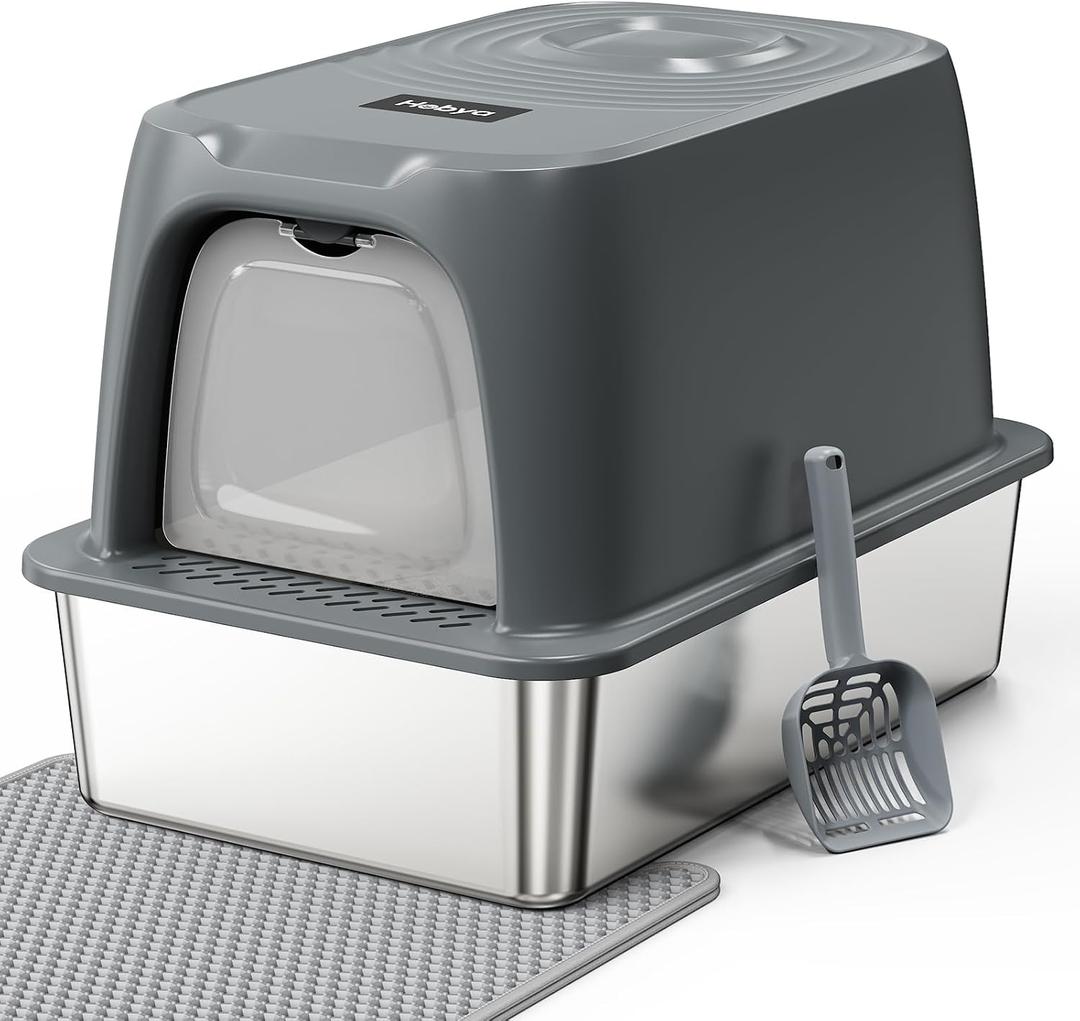 XL Enclosed Stainless Steel Cat Litter Box with Lid,Extra Large Cat Litter Pan for Big Cats & Multiple Cats,Metal Litter Box with Litter Scoop and Litter Mat,Anti-Leakage, Odor Free, Non-Sticky