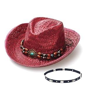 Faux Raffia Straw Western Cowboy Cowgirl Hat for Women or Ladies - Cute Wide Brim Decorative Bands - Perfect for Summer (US, Alpha, One Size, Medium, Red)