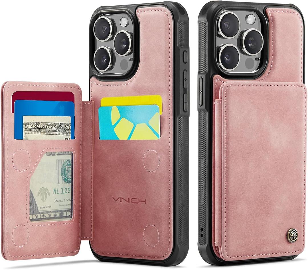 Vinich for iPhone 15 Pro Max Wallet Case with Card Holder, RFID Blocking Credit Slots Kickstand Shockproof Phone Cover Fit for iPhone 15 Pro Max 6.7" Rose Pink