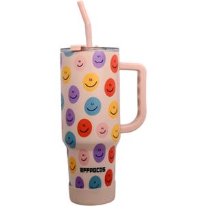 40 oz Leak-Proof Stainless Steel Insulated Tumbler with Smiley Face - Dual Drinking Lid & Portable Handle for Hot or Cold Drinks