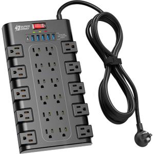 Extension Cord 10 Ft, SUPERDANNY Power Strip Surge Protector with 6 USB Charging Ports and 22 AC Outlets, 1875W/15A, 2100 Joules, Flat Plug Power Outlet for Home, Office, Dorm, Gaming Room, Black