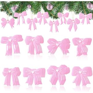Shellwei 24 Pcs Pink Bow Ornaments for Christmas Tree Pink Coquette Ornaments Bow Hanging Decorations for Christmas Tree Wreath Gift Packaging Home Coquette Room Indoor Holiday Xmas Party Decorations