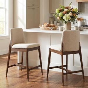 Christopher Knight Home Clara 26.75" H Bar Stools Set of 2, Indoor Wooden Counter Stools with Upholstered Seat, Rubberwood Frame with Footrest for Kitchen Island or Dining Bistro, Beige + Walnut