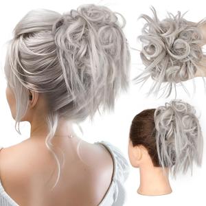 HMD Tousled Updo Messy Bun Hairpiece Hair Extension Ponytail with Elastic Rubber Band Updo Ponytail Hairpiece Synthetic Hair Extensions Scrunchies Ponytail Hairpieces for Women (Silver Gray4503)