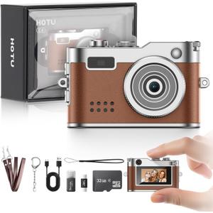 Mini Digital Camera, Keychain Camera 1080P HD with 2MP Lens, Flash, Video Recording, 32G Card Included, Portable and Compact Retro Vlog Camera for Travel, Kids, Brown