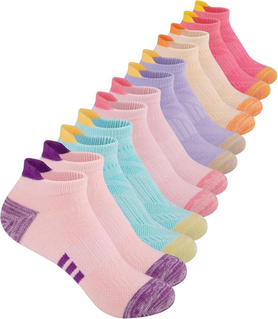 Comfoex 12 Pairs Girls Athletic Ankle Socks for 4-6 6-8 8-10 Years Old - Cotton Short Socks for Little Big Kids