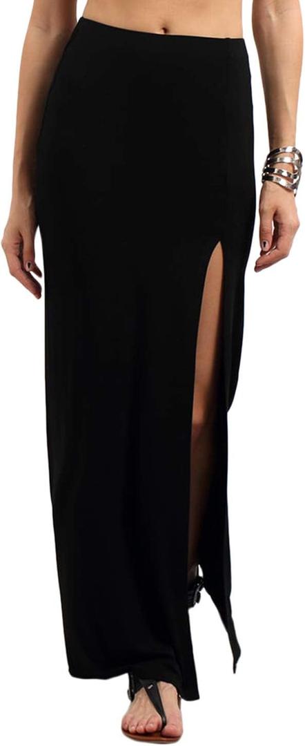 Verdusa Women's Solid Color High Waist Side Split Maxi Skirt (Large, Black)
