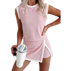 EVALESS 2 Piece Sets for Women Summer Outfits Ribbed Knit Tank Top and Split Lined Skirt Two Pieces Lounge Matching Set (X-Large, Pink)